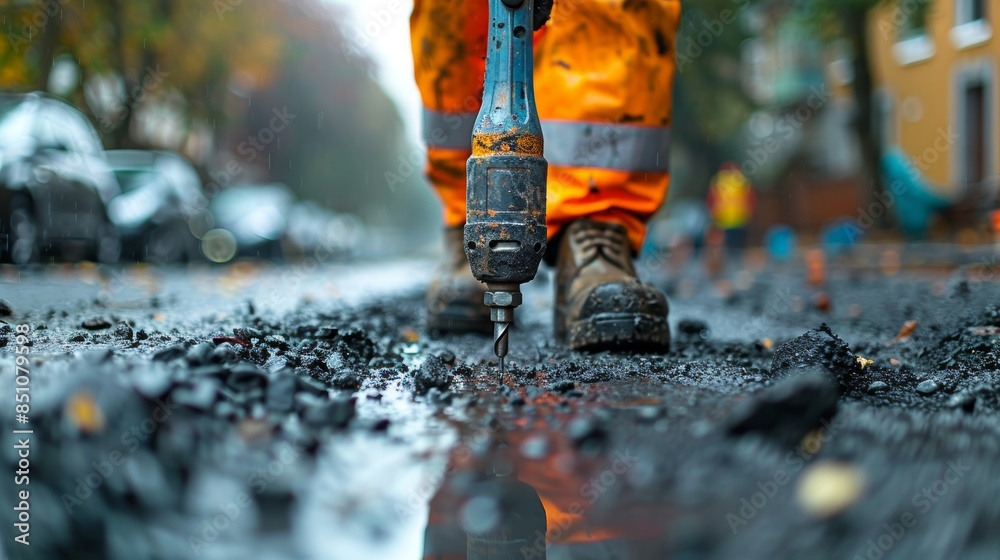 Construction Worker in Reflective Vest Using Drill to Repair Road on Rainy Day Construction Worker in Reflective Vest Using Drill to Repair Road on Rainy Day