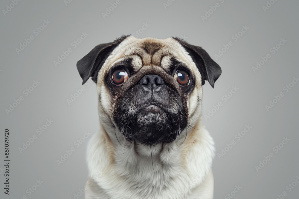 Head shot of silver pug dog looking at the camera on gray studio background Head shot of silver pug dog looking at the camera on gray studio background