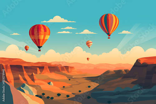 Colorful hot air balloons soaring over a desert canyon at sunset