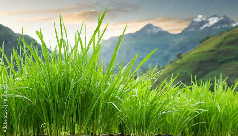 Fototapeta premium grass and sky, green grass, vegetable turf in the mountains