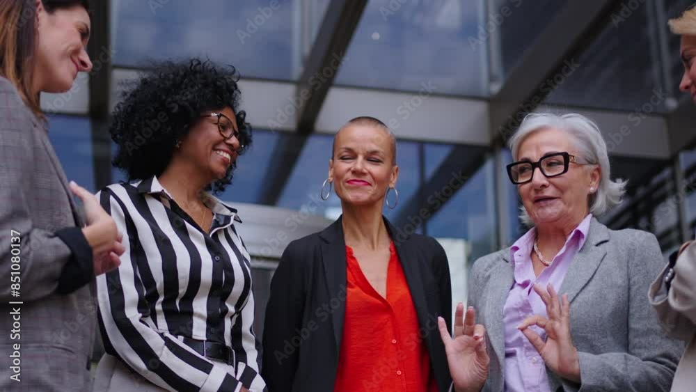 Low angle. Group diverse happy business women gathered together talking and conversing nodding smiling outdoors. Professional entrepreneur females in formal wear meetings outside office building Low angle. Group diverse happy business women gathered together talking and conversing nodding smiling outdoors. Professional entrepreneur females in formal wear meetings outside office building