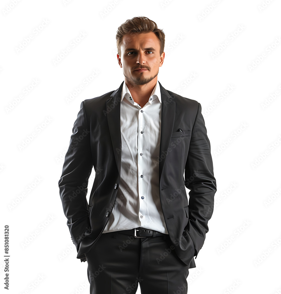 Portrait of a cheerful business man dressed in black suit on isolated transparent background Portrait of a cheerful business man dressed in black suit on isolated transparent background