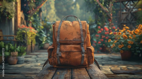 Old leather backpack resting on bench in garden setting photo
