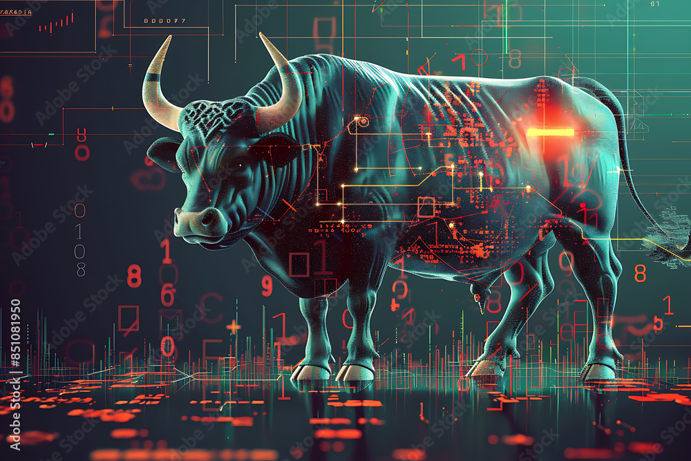 illustration of a healthy bull set against the backdrop of a Bitcoin coin with binary code in the background illustration of a healthy bull set against the backdrop of a Bitcoin coin with binary code in the background