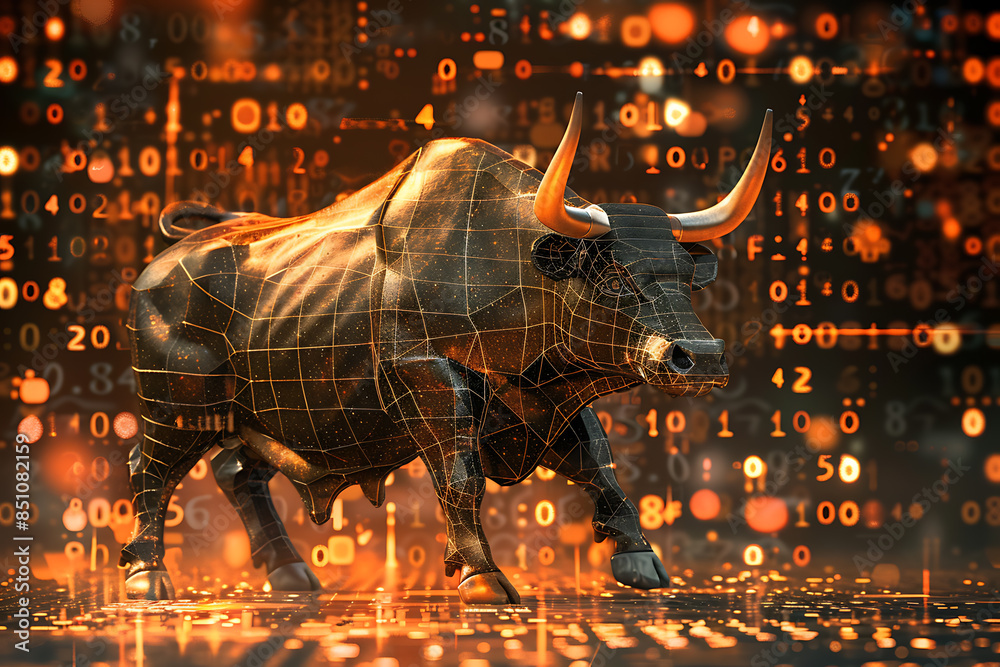 illustration of a healthy bull set against the backdrop of a Bitcoin coin with binary code in the background illustration of a healthy bull set against the backdrop of a Bitcoin coin with binary code in the background