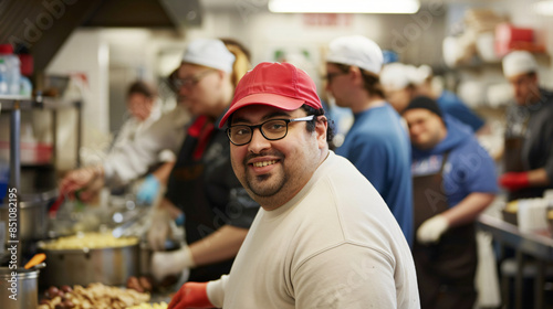 Fototapeta Naklejka Na Ścianę i Meble -  Happy male chef in red cap cooking and looking at the camera in a busy commercial kitchen