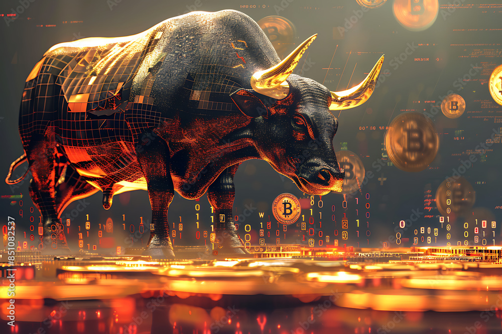 illustration of a healthy bull set against the backdrop of a Bitcoin coin with binary code in the background illustration of a healthy bull set against the backdrop of a Bitcoin coin with binary code in the background