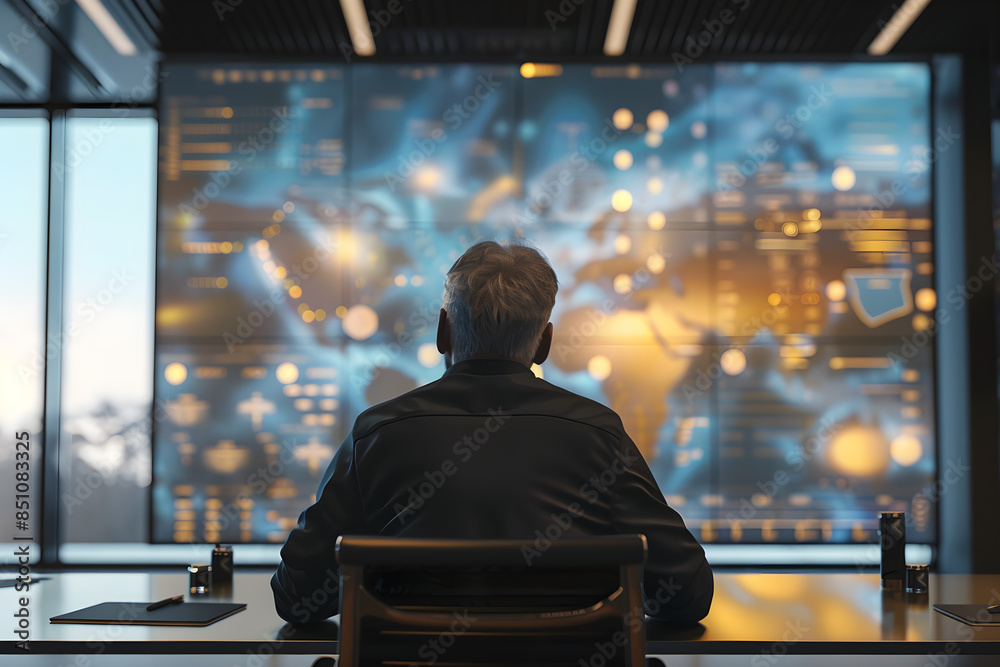 Business leader seated in front of a conference table, ready to lead a meeting, with projections and graphics on a large screen in the background. Business leader seated in front of a conference table, ready to lead a meeting, with projections and graphics on a large screen in the background.