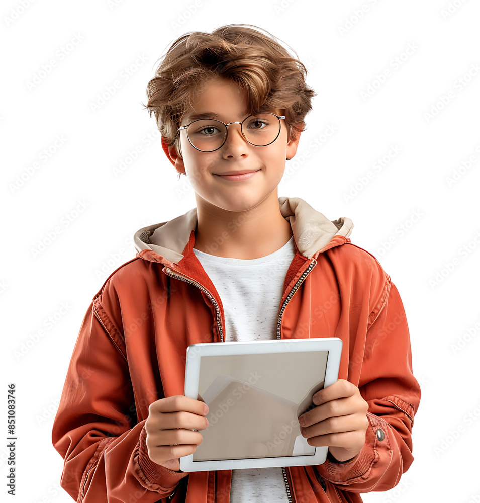 Happy smiling boy holding tablet on isolated transparent background Happy smiling boy holding tablet on isolated transparent background