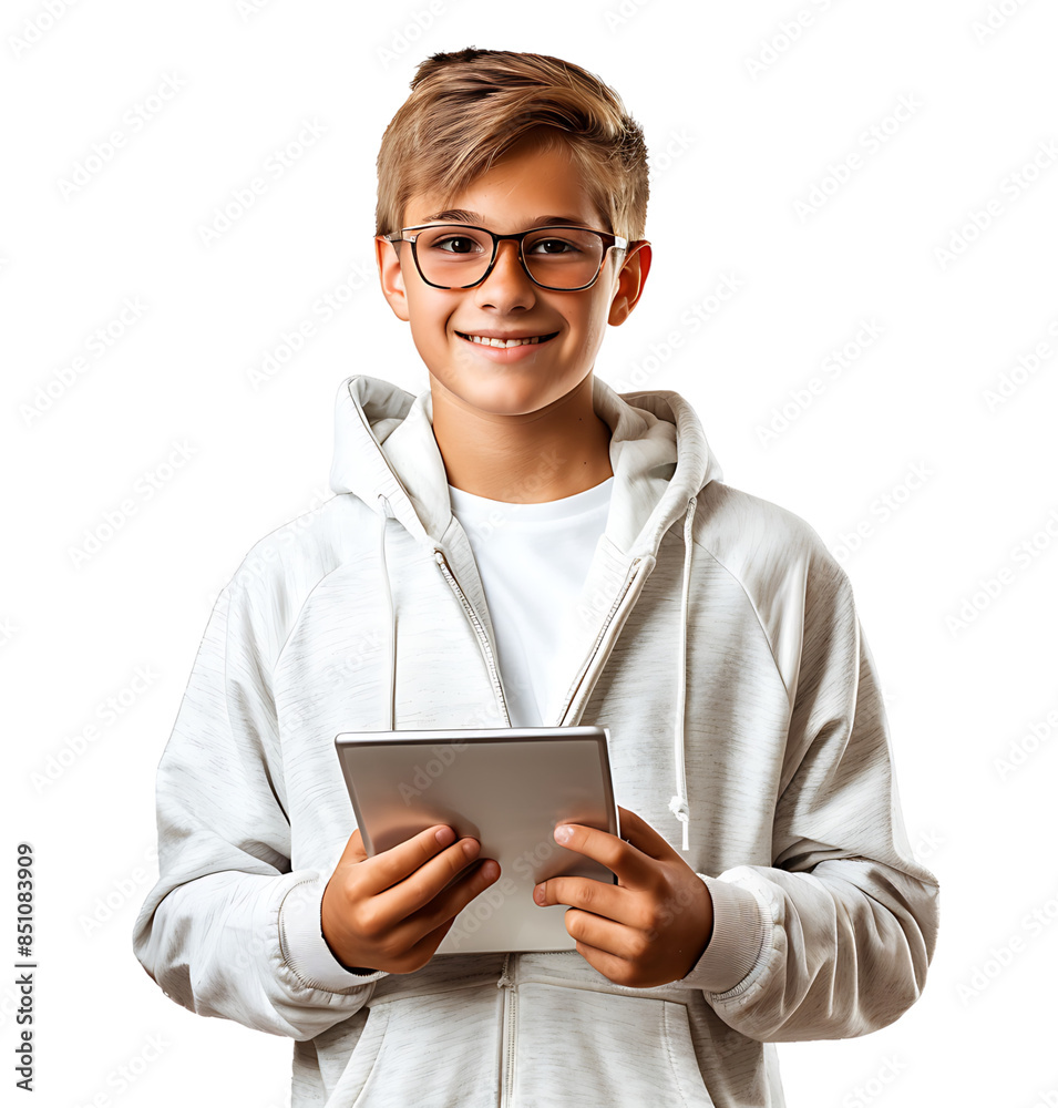 Happy smiling boy holding tablet on isolated transparent background Happy smiling boy holding tablet on isolated transparent background