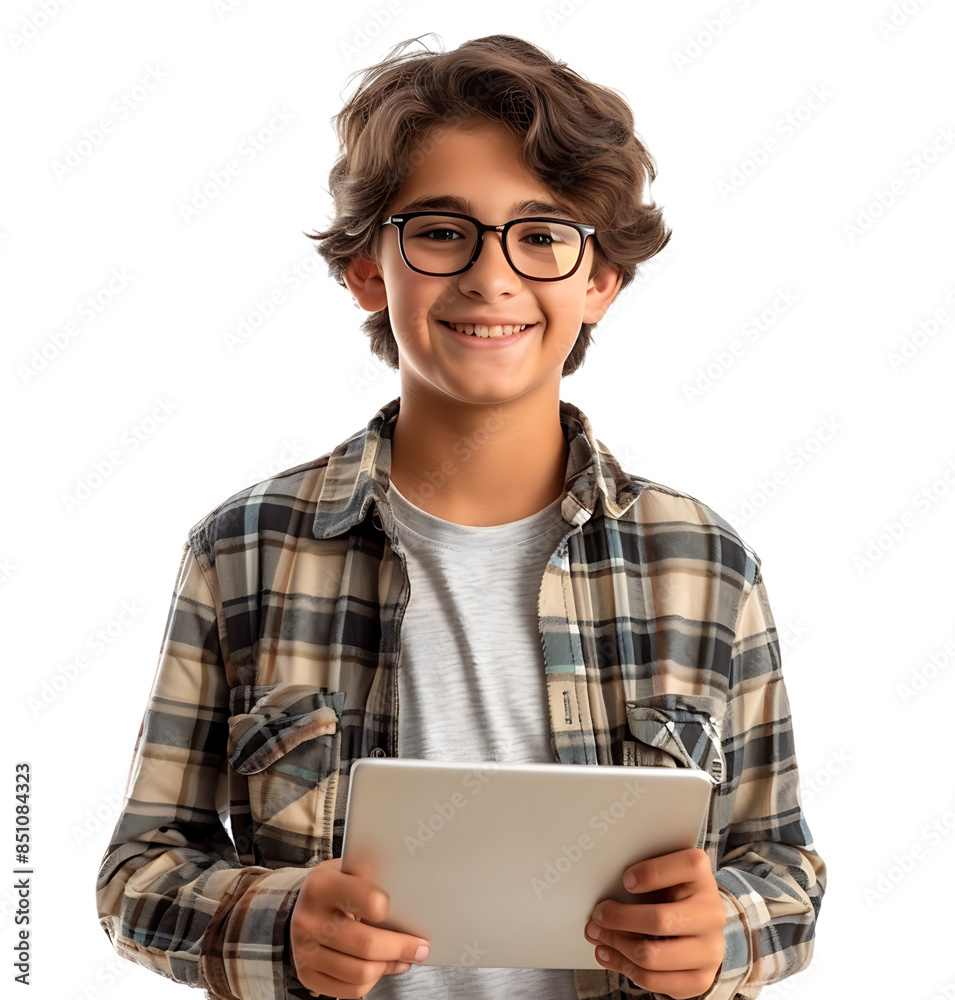 Happy smiling boy holding tablet on isolated transparent background Happy smiling boy holding tablet on isolated transparent background