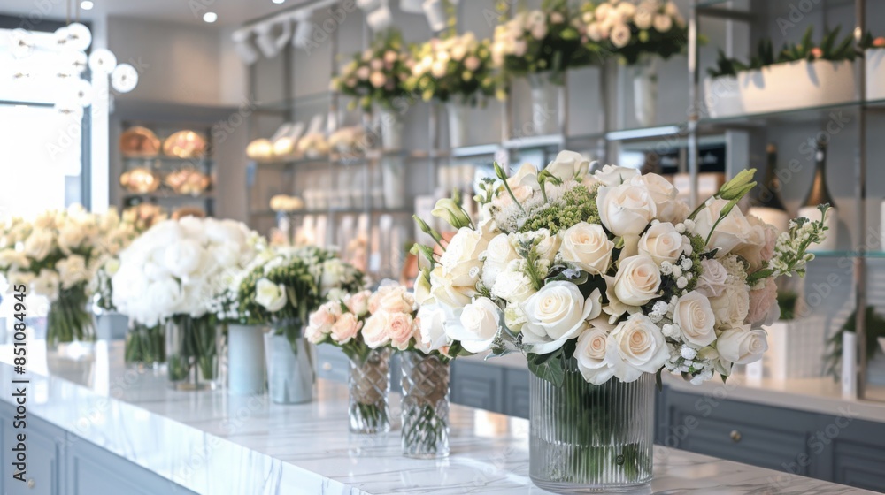 A close-up view of a row of white rose bouquets in tall, clear vases, sitting on a marble counter in a flower shop.