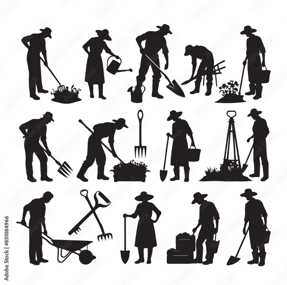 Obraz premium Vector silhouette of a gardener on white background.