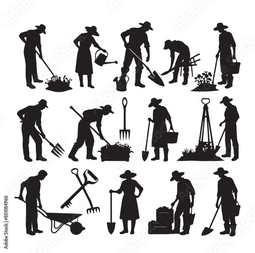 Vector silhouette of a gardener on white background.