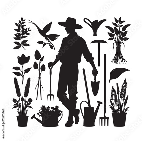 Vector silhouette of a gardener on white background.