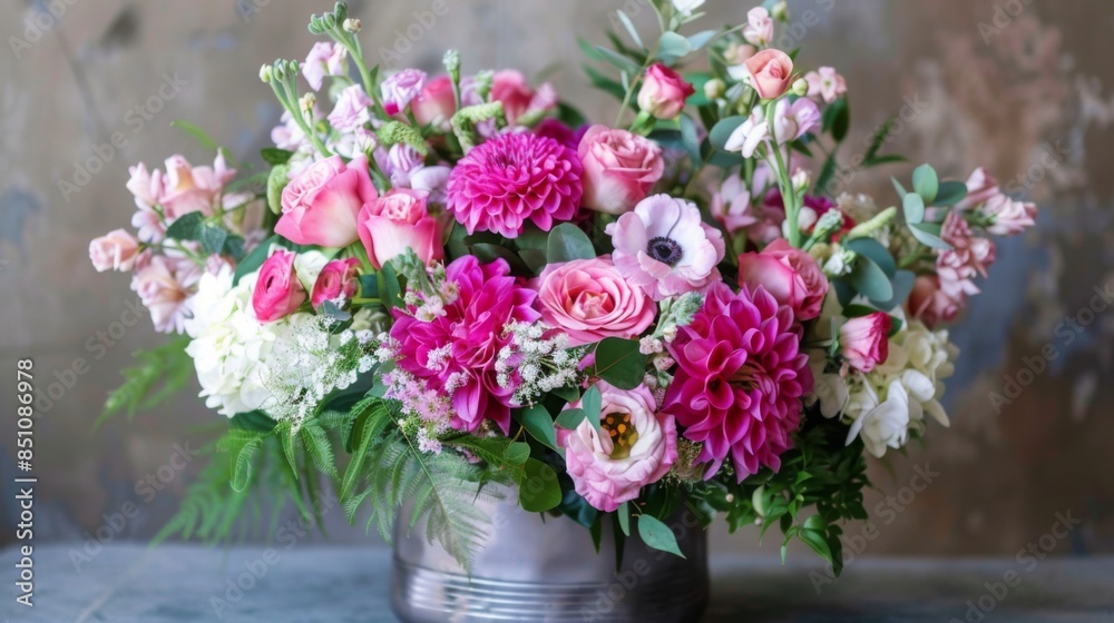 A beautiful bouquet of pink and white flowers, including roses, dahlias, and anemones, arranged in a metal vase. A beautiful bouquet of pink and white flowers, including roses, dahlias, and anemones, arranged in a metal vase.