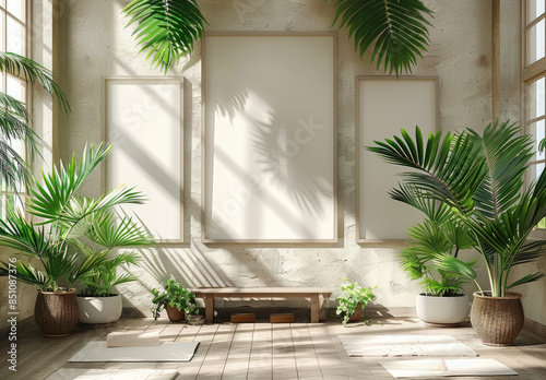 Modern living room with wooden bench and plants. Created with Ai