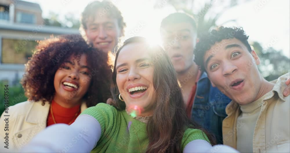 Funny, happy and selfie with group of friends outdoor in summer together for bonding, humor or laughing. Portrait, profile picture or smile with men and women in neighborhood for fun or social media Funny, happy and selfie with group of friends outdoor in summer together for bonding, humor or laughing. Portrait, profile picture or smile with men and women in neighborhood for fun or social media
