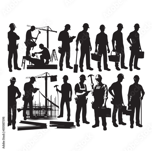 Construction workers wearing uniforms and standing silhouette bundles. Men bricklayers with anonymous faces. Male Mason silhouette on a white background. Male bricklayer silhouette collection.