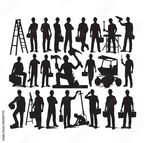 Construction workers wearing uniforms and standing silhouette bundles. Men bricklayers with anonymous faces. Male Mason silhouette on a white background. Male bricklayer silhouette collection.