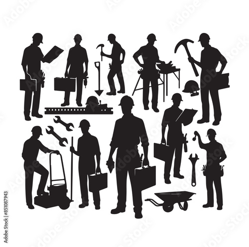 Construction workers wearing uniforms and standing silhouette bundles. Men bricklayers with anonymous faces. Male Mason silhouette on a white background. Male bricklayer silhouette collection.