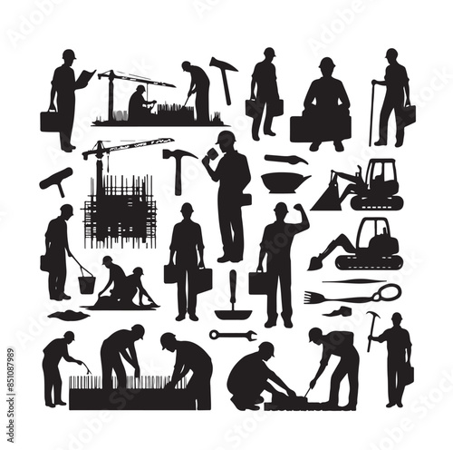 Construction workers wearing uniforms and standing silhouette bundles. Men bricklayers with anonymous faces. Male Mason silhouette on a white background. Male bricklayer silhouette collection.