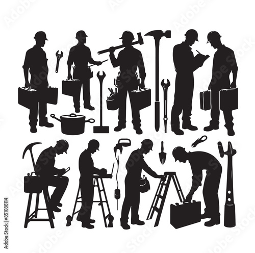 Construction workers wearing uniforms and standing silhouette bundles. Men bricklayers with anonymous faces. Male Mason silhouette on a white background. Male bricklayer silhouette collection.