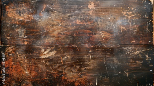 Dark brown wood texture background showing scratches and knots
