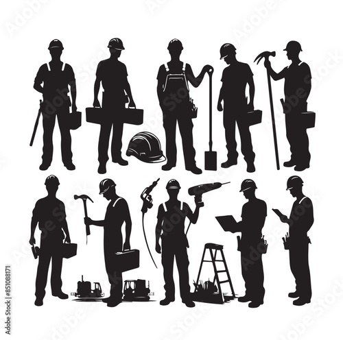 Construction workers wearing uniforms and standing silhouette bundles. Men bricklayers with anonymous faces. Male Mason silhouette on a white background. Male bricklayer silhouette collection.