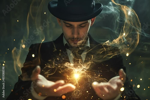 Magician conjuring golden light with hands