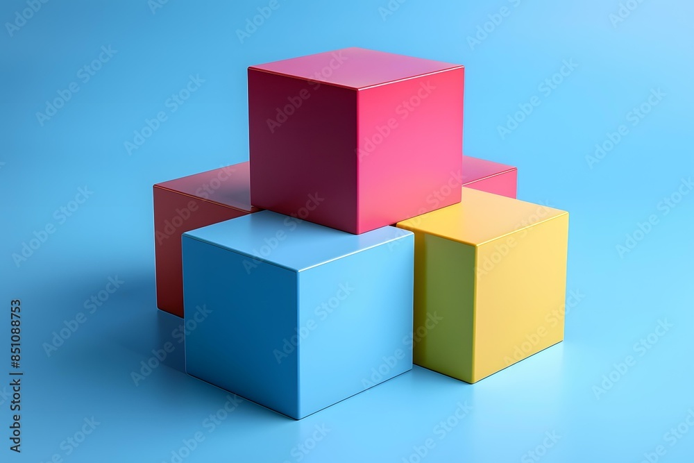 Four 3D cubes of different colors stacked on top of each other against a blue background Four 3D cubes of different colors stacked on top of each other against a blue background