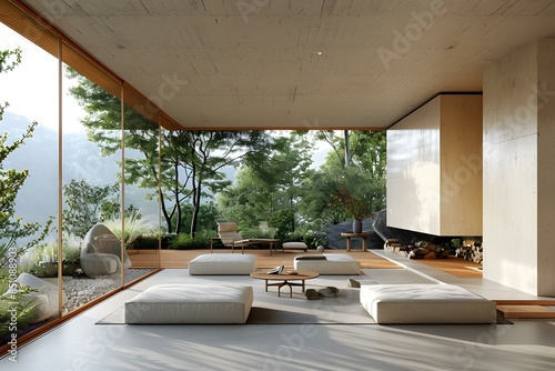 Modern living room with forest view