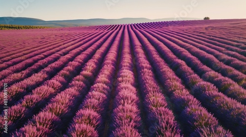 Aerial view of a lavender field in Provence  Expansive lavender field in full bloom in Provence  France  seen from above.