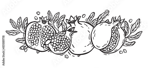 Vector composition of pomegranate halves with seeds and leaves. Botanical black and white illustration, hand drawn in linocut style. Drawing for design of packaging, menus, recipes, postcards.