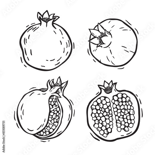 Whole pomegranates and pomegranate halves with pulp. Vector botanical black and white set of illustrations in linocut style on an isolated background. Drawing for food and cosmetics packaging design.