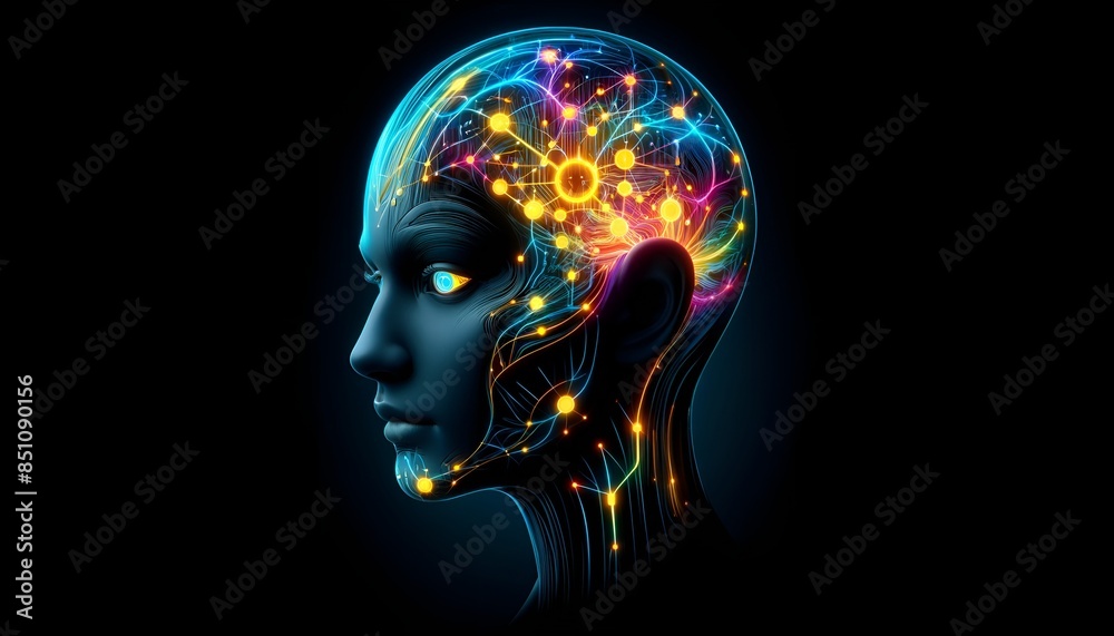 Humanoid Head with Neon Neural Network Generative AI Humanoid Head with Neon Neural Network Generative AI
