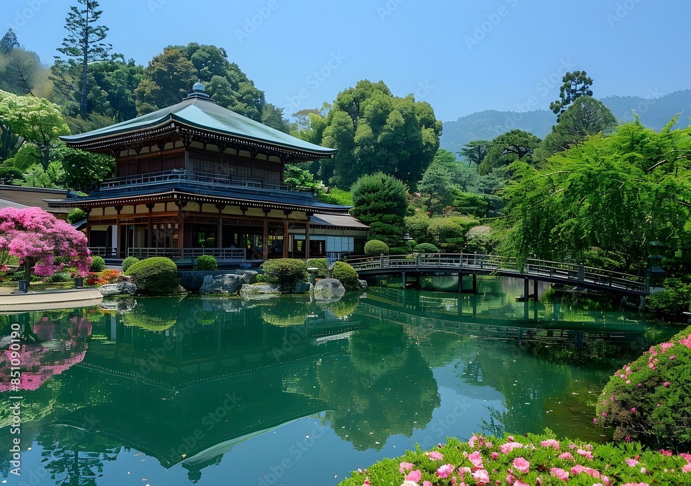 Traditional Japanese Garden with a Wooden Bridge and Pond Traditional Japanese Garden with a Wooden Bridge and Pond