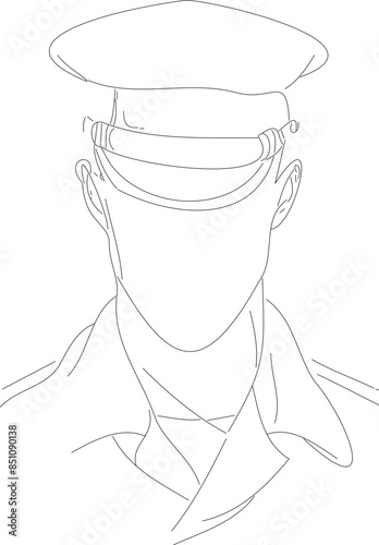 Minimalist Police Officer Line Art Vector illustration of a police officer in uniform, featuring simple black outlines on a transparent background.