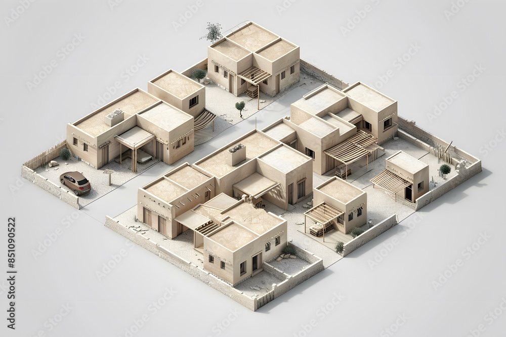 Top down view of a few houses in a sandy area