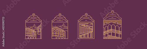 A set of four stylish window frames overlooking the old city. Vector emblems for design. Outline elements, logo, signmark, icon, pictogram.
