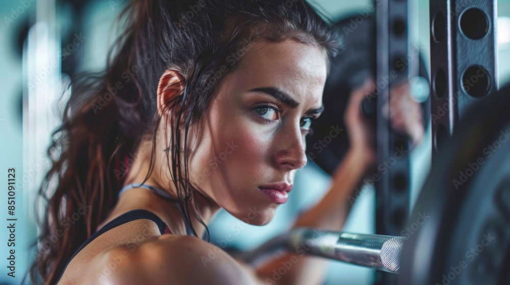 Obraz premium A determined woman with a ponytail lifts weights at the gym, focusing intently on her workout.