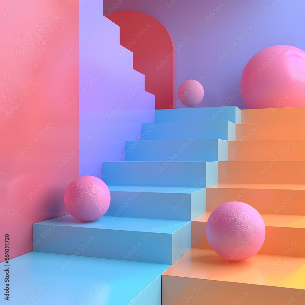 3d rendering geometric shapes composition with pink pastel balls on blue and orange podiums 3d rendering geometric shapes composition with pink pastel balls on blue and orange podiums
