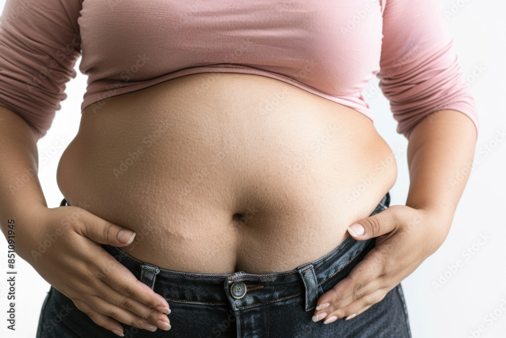 Weighty issue - woman with big belly, fat waist, overweight problem, poor diet, fast food - challenges of obesity, poor dietary choices, urging healthier lifestyles, mindful eating habits. Weighty issue - woman with big belly, fat waist, overweight problem, poor diet, fast food - challenges of obesity, poor dietary choices, urging healthier lifestyles, mindful eating habits.