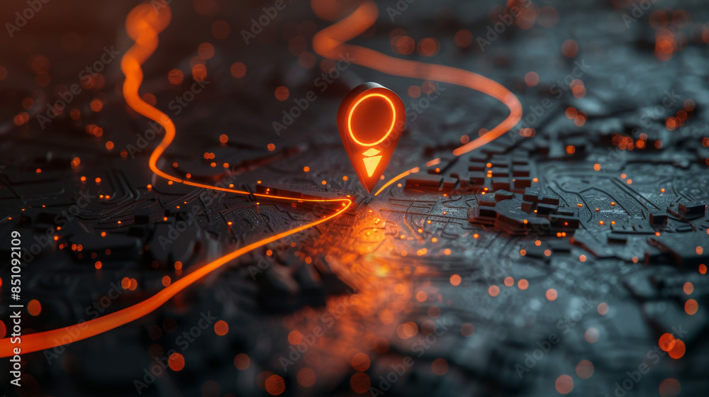 ภาพประกอบสต็อก Abstract location pin on map with glowing orange light ...