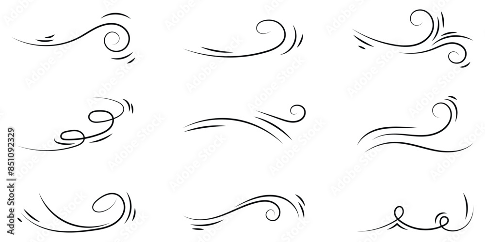 Hand drawn doodle wind motion, air blow, swirl icon set. Sketch drawn air blow motion symbol. Vector Illustration. Hand drawn doodle wind motion, air blow, swirl icon set. Sketch drawn air blow motion symbol. Vector Illustration.