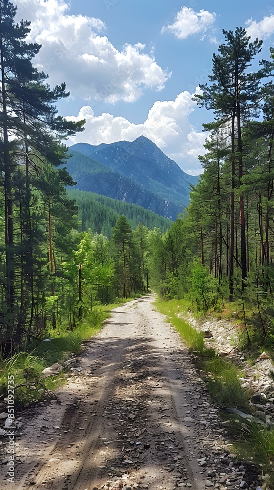 Fototapeta premium Dirt Road Through Lush Green Forest with Mountain View