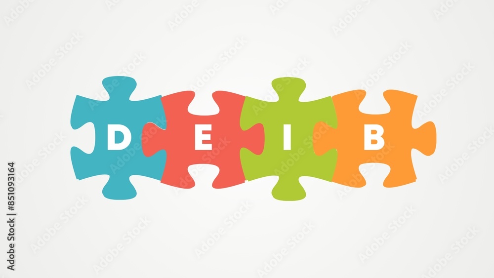 Diversity, Equity, Inclusion, Belonging Concept Puzzle. Foundational Elements of DEIB. For Organizations, Communities, and Societies. Isolated on gray gradation background. Diversity, Equity, Inclusion, Belonging Concept Puzzle. Foundational Elements of DEIB. For Organizations, Communities, and Societies. Isolated on gray gradation background.