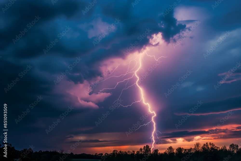 Striking image of a vivid lightning bolt piercing through a twilight sky above a dark, silhouetted horizon, signaling the power of nature Striking image of a vivid lightning bolt piercing through a twilight sky above a dark, silhouetted horizon, signaling the power of nature