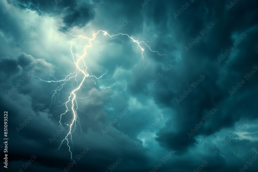 Dramatic photograph capturing a bright lightning bolt zigzagging across a tumultuous, dark storm cloud backdrop during severe weather Dramatic photograph capturing a bright lightning bolt zigzagging across a tumultuous, dark storm cloud backdrop during severe weather