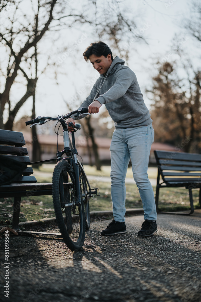 Obraz premium A young man pauses his bike ride to enjoy the tranquility of the park as the sun sets, providing a peaceful escape.